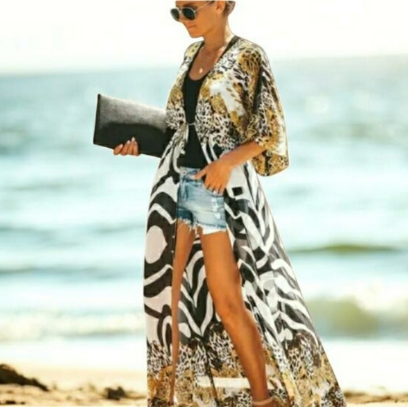 Kimono Leopard Swimsuit Cover Up Duster Zebra Wrap Top Tunic XL 🤎 NEW - Picture 5 of 11